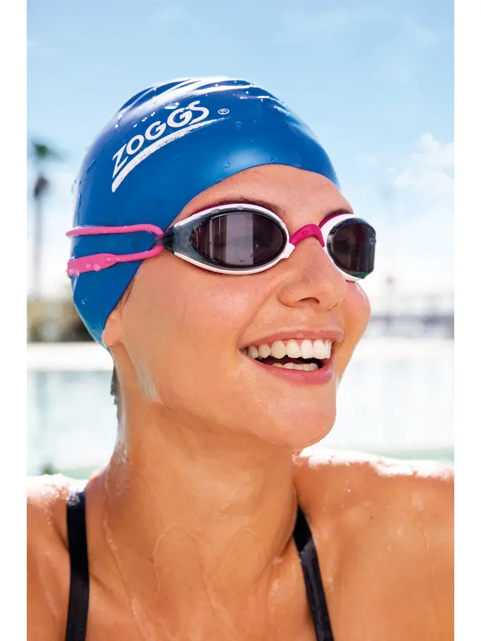 Sale,Clearance, view full size image of Front view of Product detail - Fusion Air Swimming Goggles Pink/White - Tinted Smoke Lens