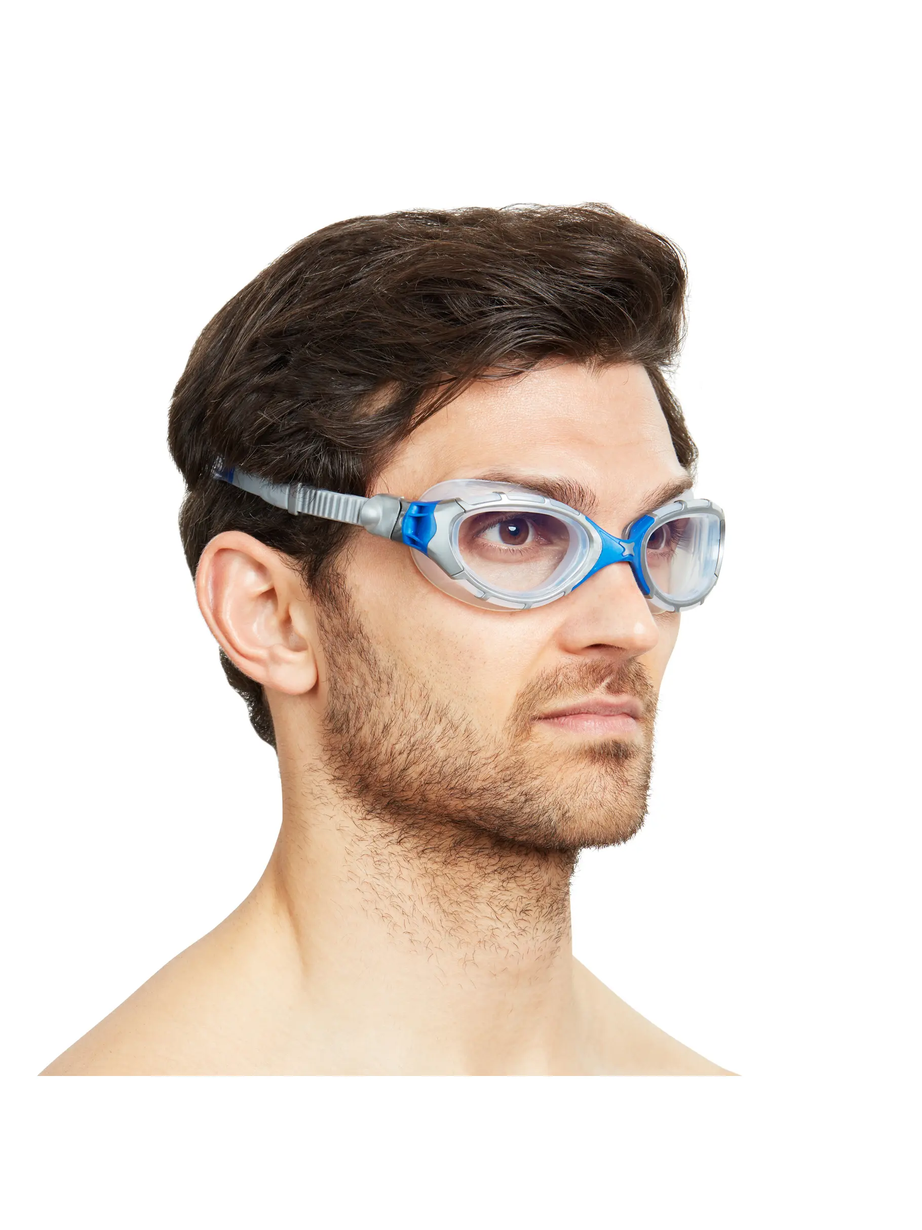 , view full size image of Front view of Product detail - Predator Flex Swimming Goggles Grey/Blue - Clear Lens