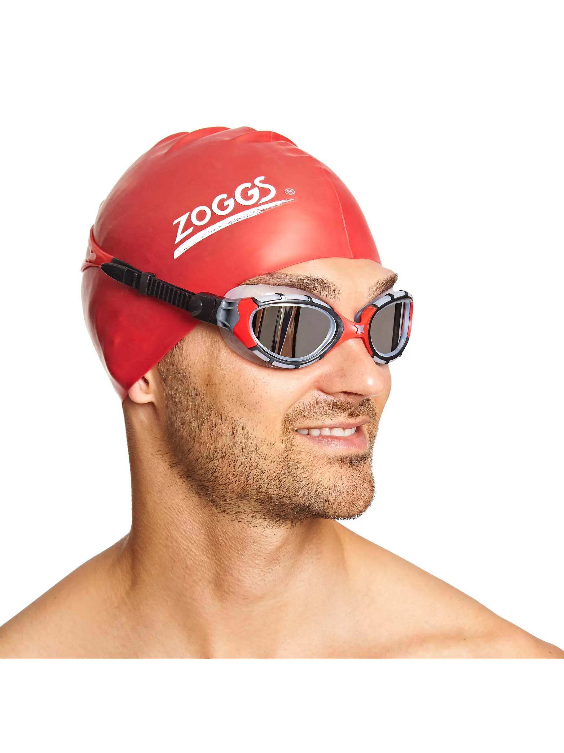 , view full size image of Front view of Product detail - Predator Flex Swimming Goggles - Titanium Lens Clear/Red - Mirrored Smoke Lens