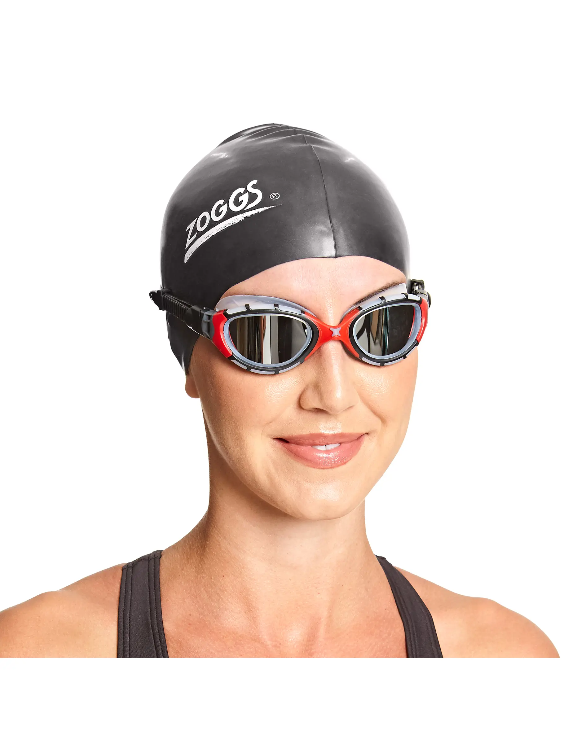 , view full size image of Front view of Product detail - Predator Flex Swimming Goggles - Titanium Lens Clear/Red - Mirrored Smoke Lens