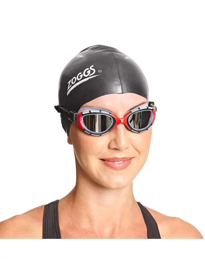 Sale, view full size image of Front view of Product detail - Predator Flex Swimming Goggles - Titanium Lens Clear/Red - Mirrored Smoke Lens