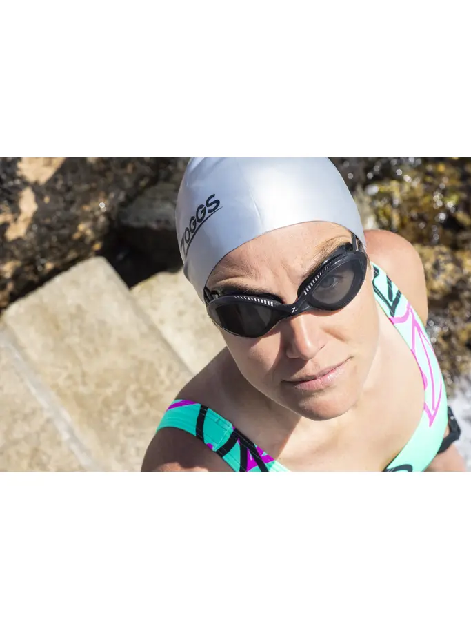, view full size image of Front view of Product detail - Tiger Swimming Goggles Black/Grey - Tint Smoke Lens