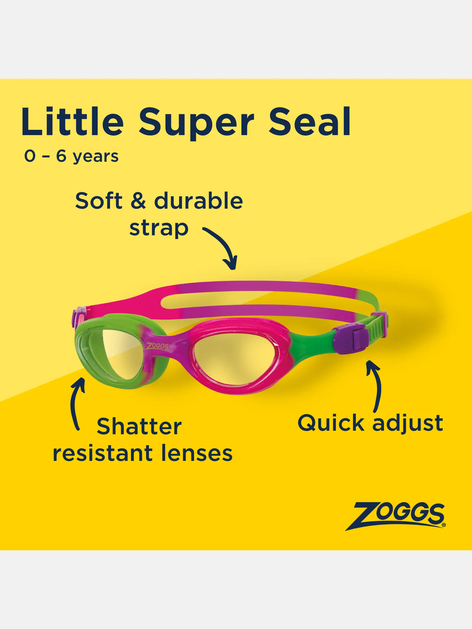 Sale, view full size image of Front view of Product detail - Little Super Seal Goggles Purple/Green - Clear Lens