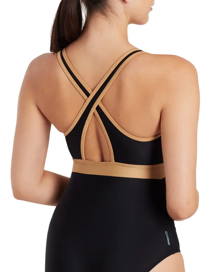 Sale, view full size image of Front view of Product detail - Womens Dakota Crossback Swimsuit black/gold