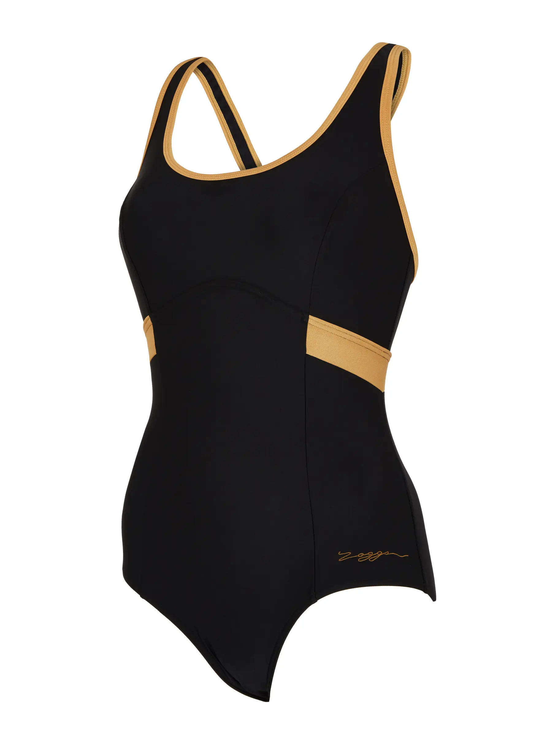Sale, view full size image of Front view of Product detail - Womens Dakota Crossback Swimsuit black/gold