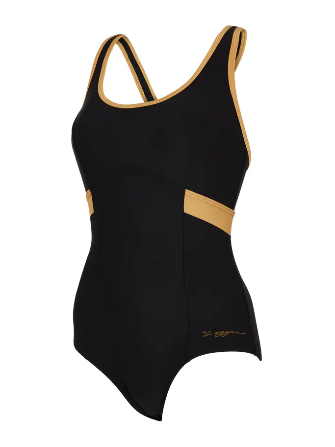 Sale, view full size image of Front view of Product detail - Womens Dakota Crossback Swimsuit black/gold