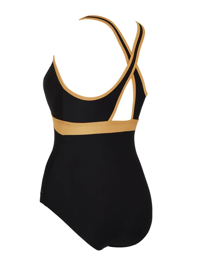 Sale, view full size image of Front view of Product detail - Womens Dakota Crossback Swimsuit black/gold