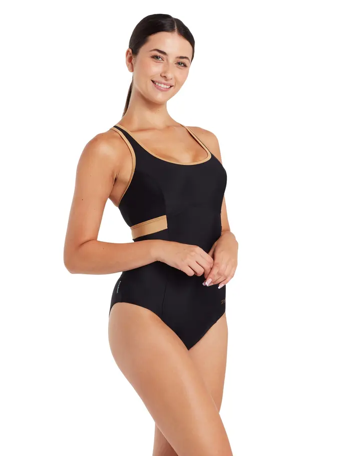 Sale, view full size image of Front view of Product detail - Womens Dakota Crossback Swimsuit black/gold