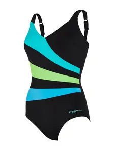 Display front view 4 of Product detail - Womens Wrap Panel Adjustable Classic Back Swimsuit black/green