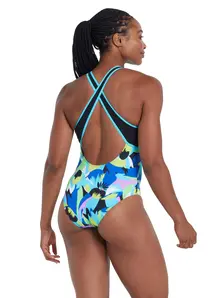 Display front view 2 of Product detail - Womens Florish Blue Silver Lined Crossback Swimsuit FLBL