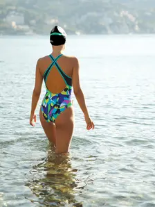 Display front view 6 of Product detail - Womens Florish Blue Silver Lined Crossback Swimsuit FLBL