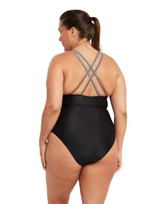 Display front view 2 of Product detail - Black-Metal Panel Crossback One Piece Swimsuit BKME