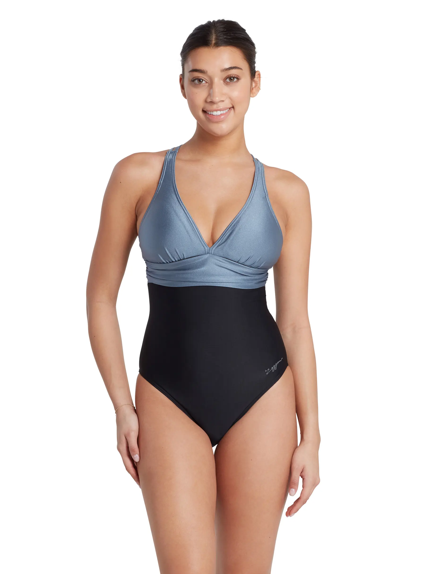 Sale,Clearance, view full size image of Front view of Product detail - Black-Metal Panel Crossback One Piece Swimsuit BKME