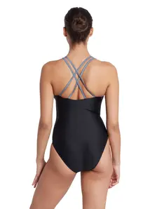 Display front view 4 of Product detail - Black-Metal Panel Crossback One Piece Swimsuit BKME