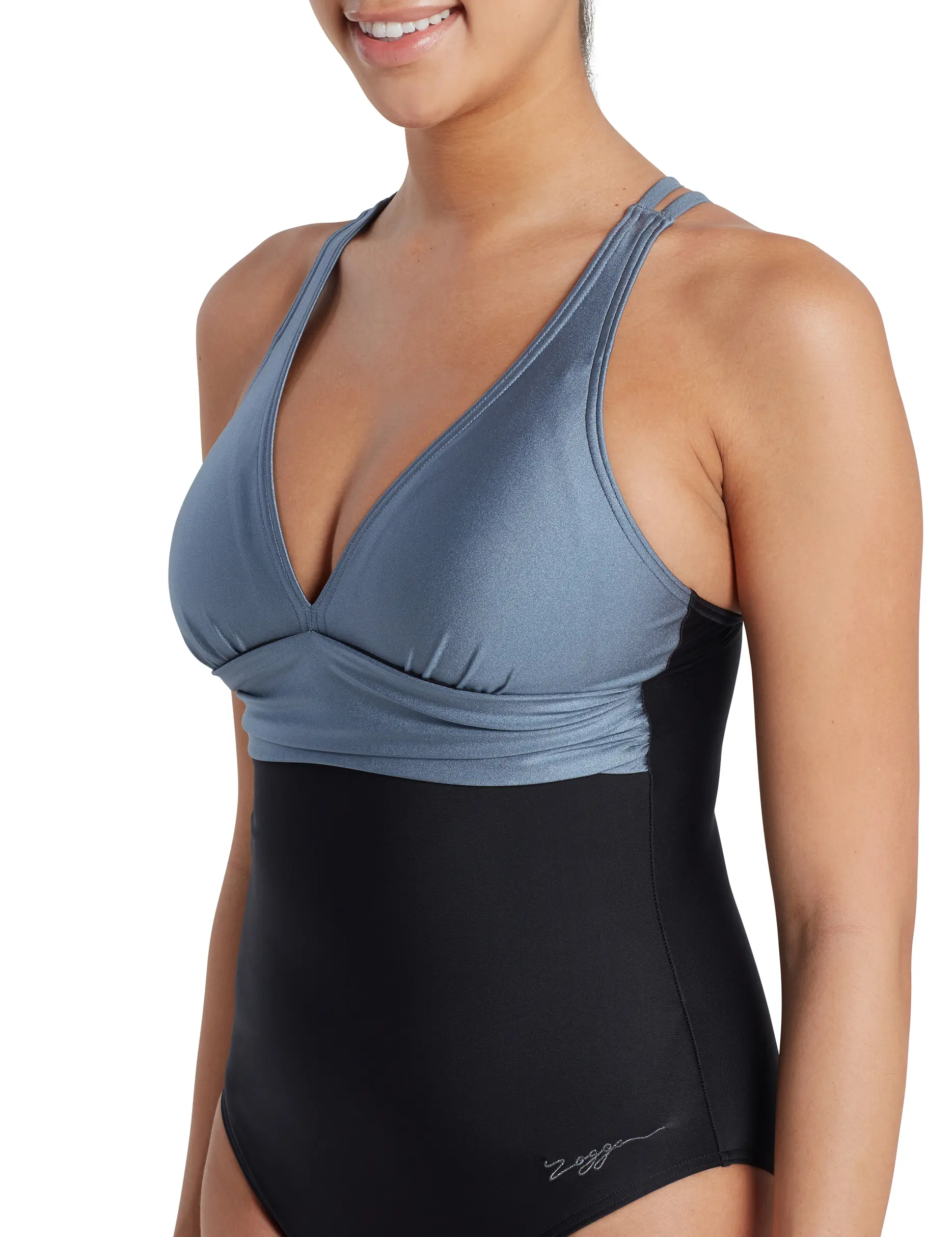 Sale,Clearance, view full size image of Front view of Product detail - Black-Metal Panel Crossback One Piece Swimsuit BKME