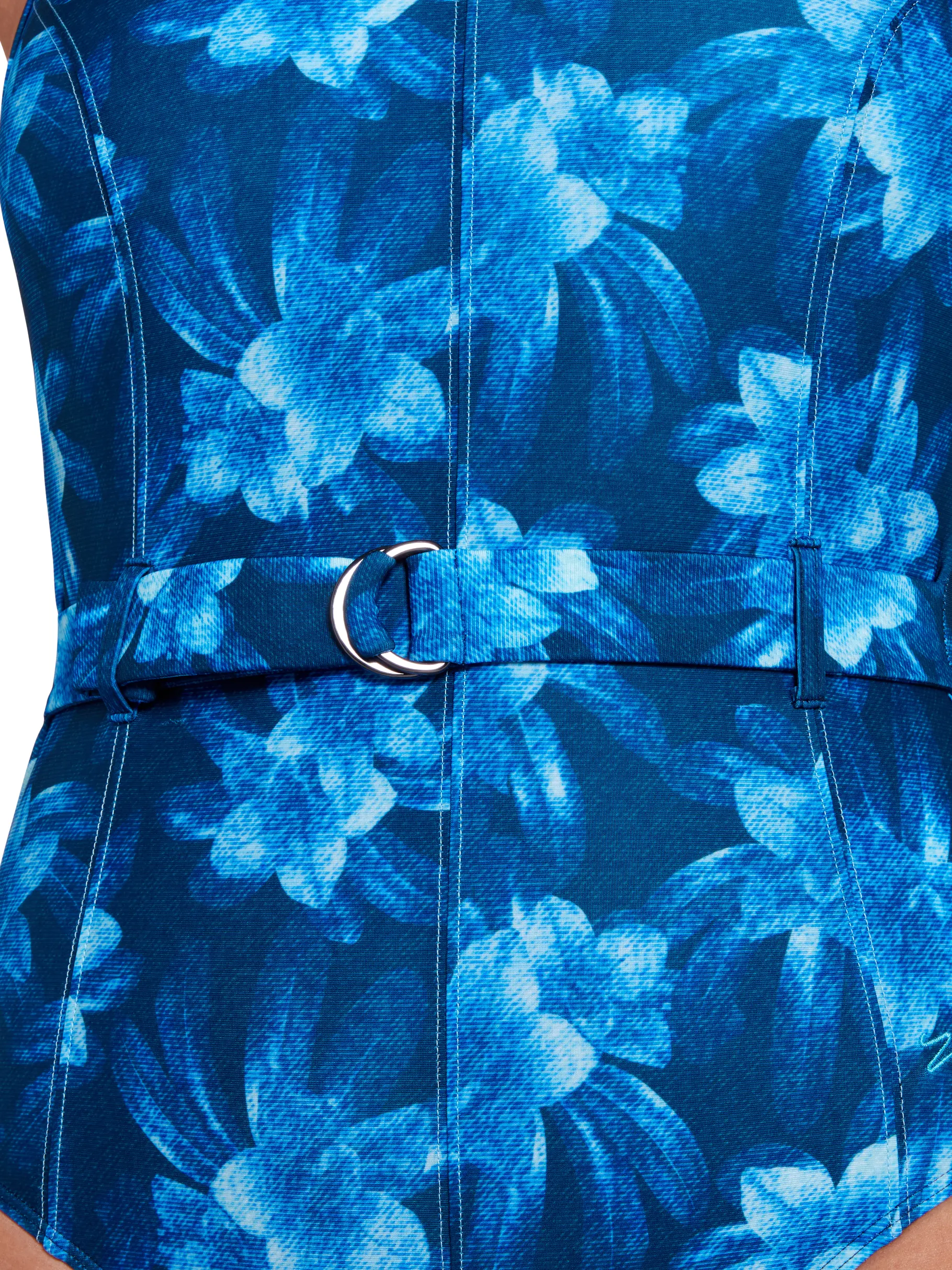 Sale,Clearance, view full size image of Front view of Product detail - Denim Belt Crossback Swimsuit DENI