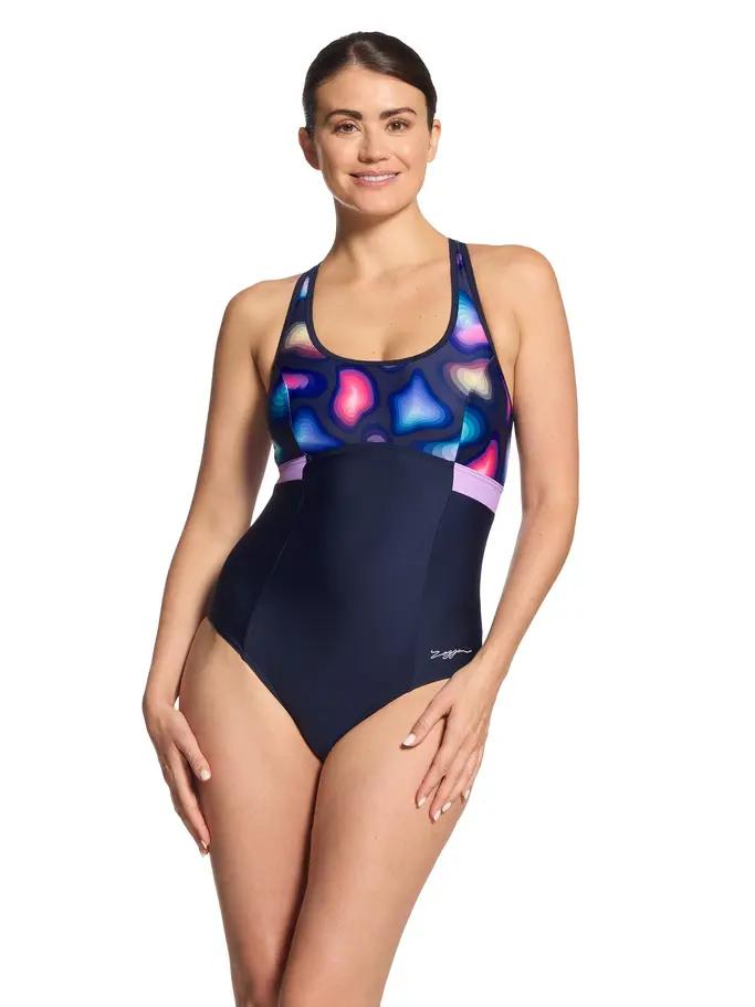 Sale,Clearance, view full size image of Front view of Product detail - Womens Zephyr Dakota Printed Crossback Swimsuit ZEPH