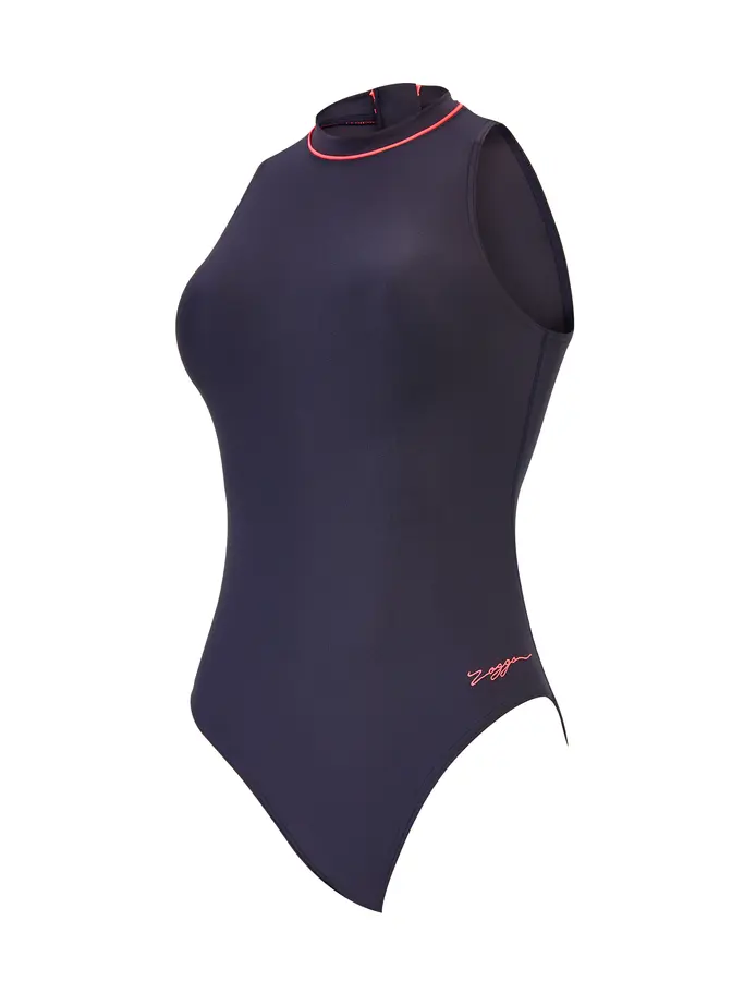 Best Seller, view full size image of Front view of Product detail - Womens Cable Zipped Highneck Swimsuit (Ecolast) black