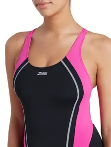 Display front view 4 of Product detail - Womens Eaton Flyback Ecolast+ Swimsuit black/marsh green