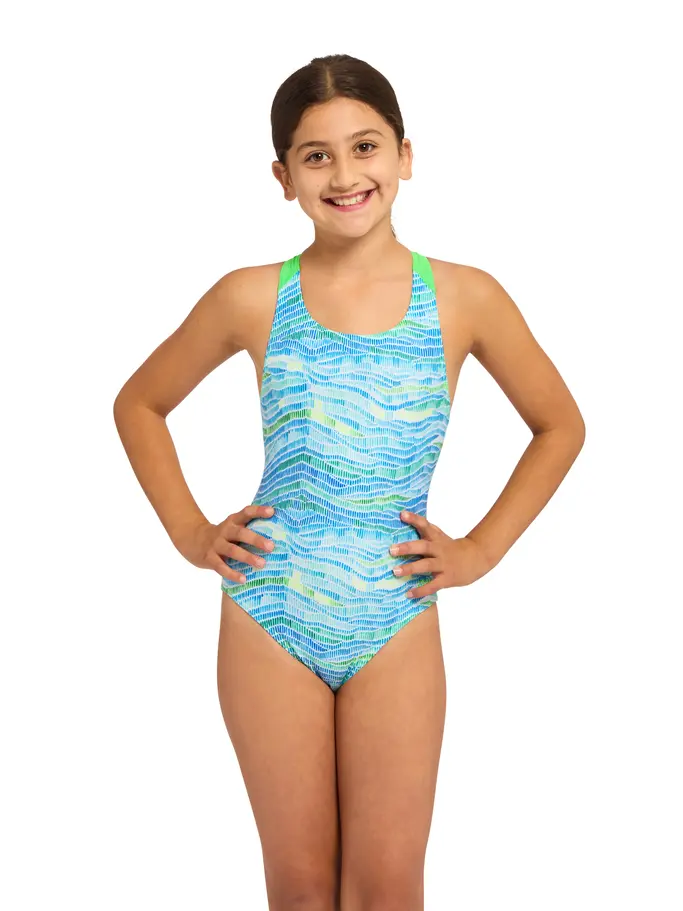 New, view full size image of Front view of Product detail - Junior Girls Fishdom Flyback Swimsuit FISD