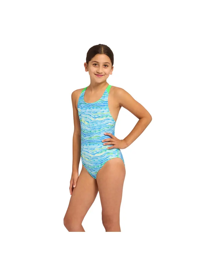 New, view full size image of Front view of Product detail - Junior Girls Fishdom Flyback Swimsuit FISD