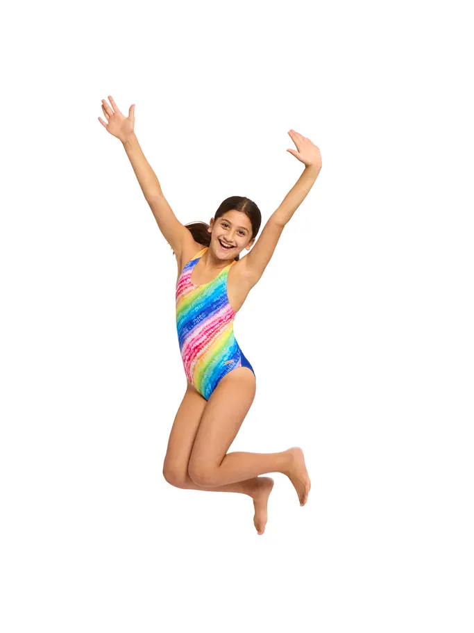 New, view full size image of Front view of Product detail - Junior Girls Rainbow Ripple Flyback Swimsuit RNRI