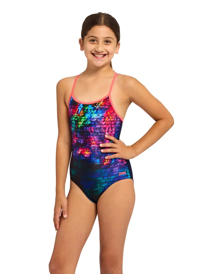 New, view full size image of Front view of Product detail - Junior Girls Graffiti Brick Sprintback Swimsuit GRBR