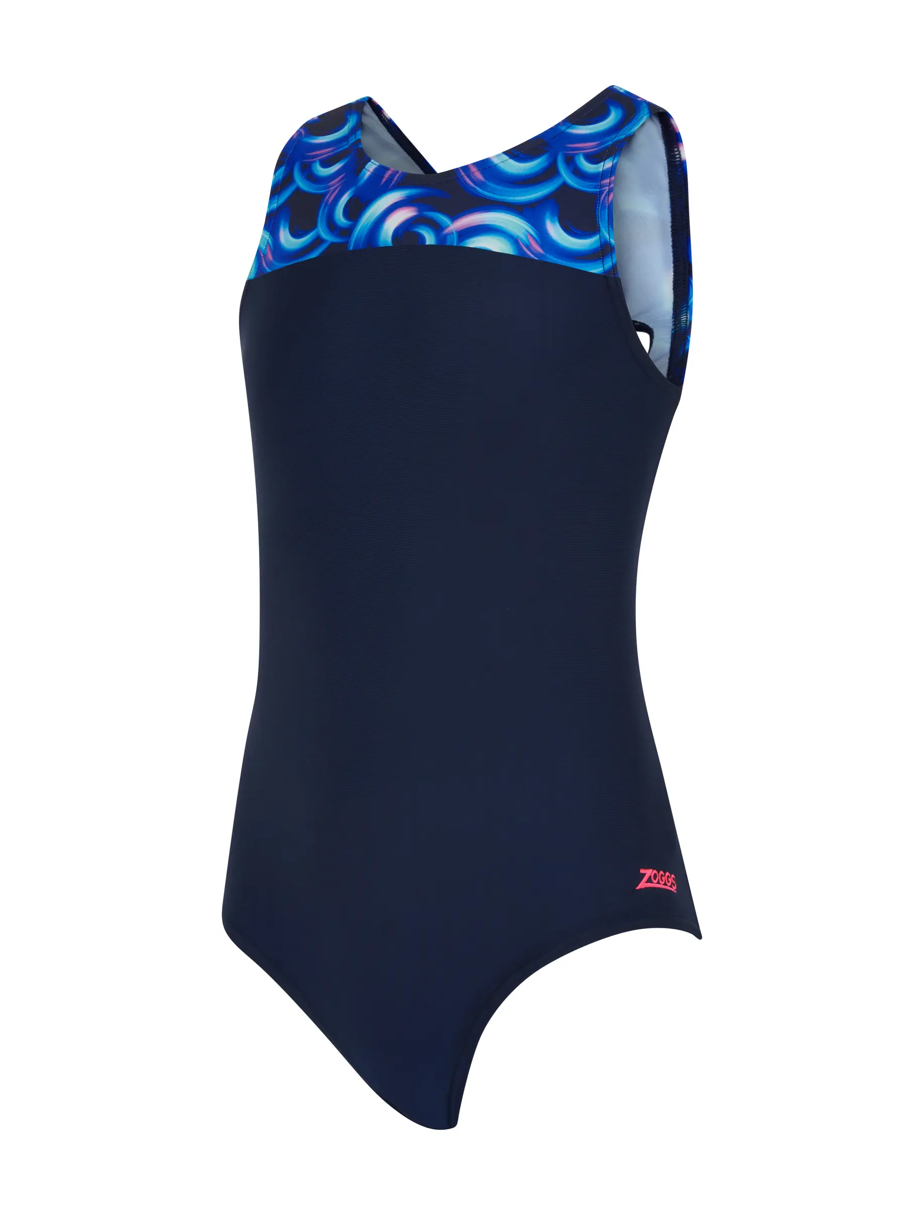 Sale, view full size image of Front view of Product detail - Girls Geo Spiral Infinity Back Swimsuit GESF
