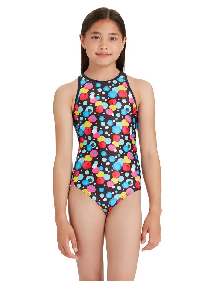 Out of Stock, Ansicht Großes Bild der Vorderseite Product detail - Girls Spot Print Hi Front Crossback Swimsuit SPTF