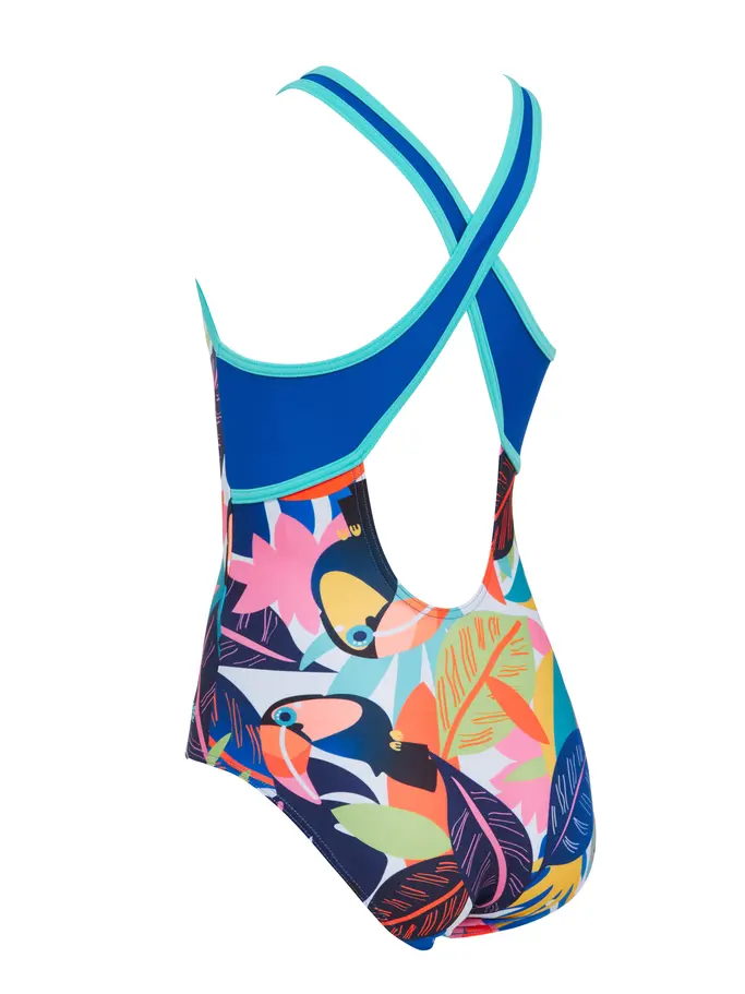 Out of Stock,Sale, voir image en taille réelle de la vue frontale de Product detail - Girls Toucan Print Hi Front Crossback Swimsuit TUCF