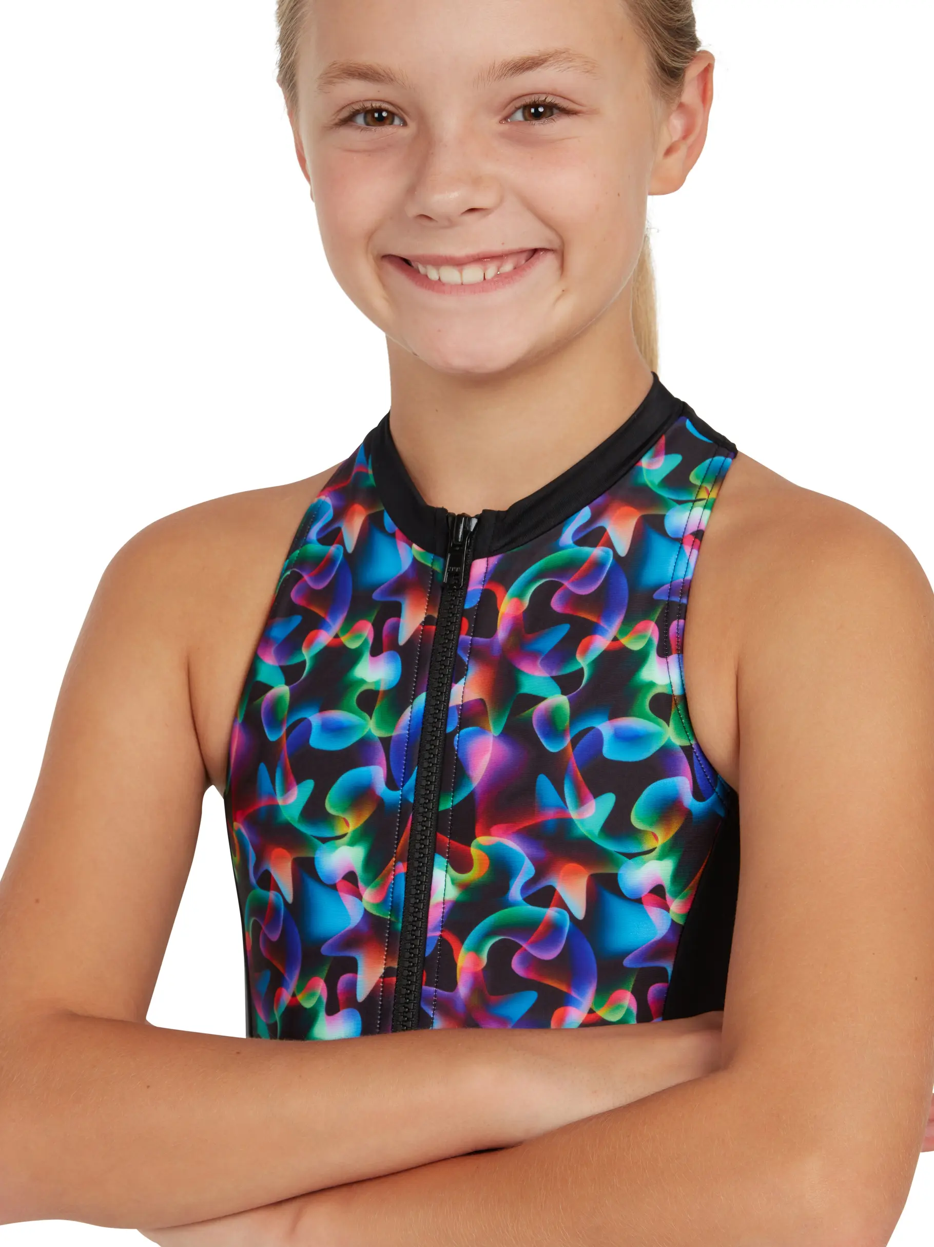 Sale, view full size image of Front view of Product detail - Girls Destiny Zip 1 Piece Swimsuit DESF