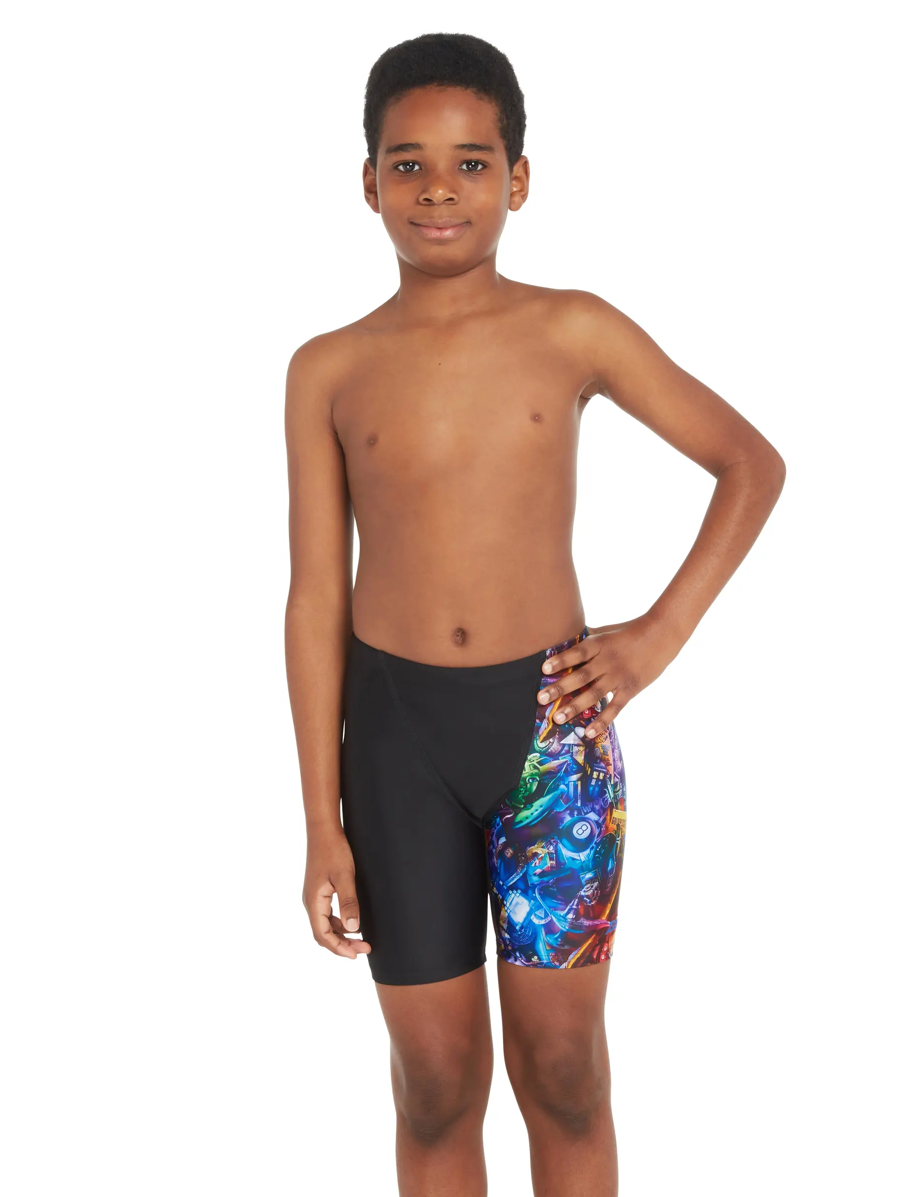 Out of Stock,New, view full size image of Front view of Product detail - Boys Reflection Print Mid Length Swimming Jammer RELF