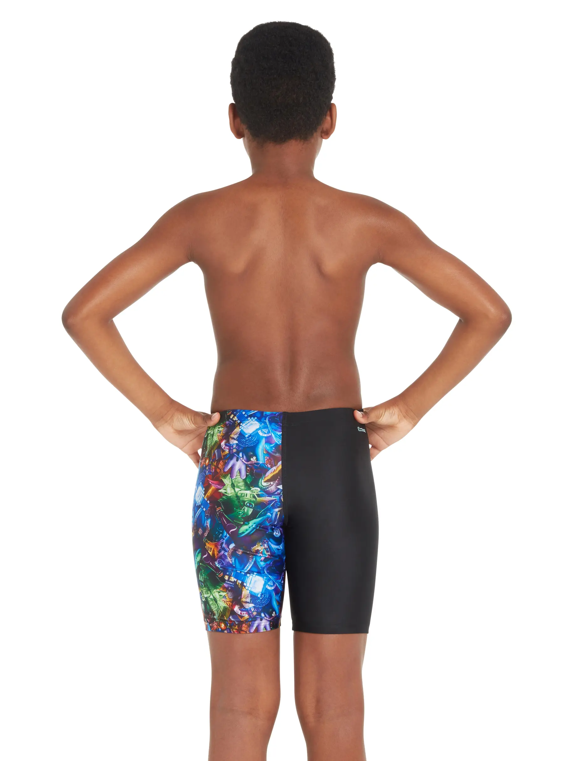 Out of Stock,New, view full size image of Front view of Product detail - Boys Reflection Print Mid Length Swimming Jammer RELF