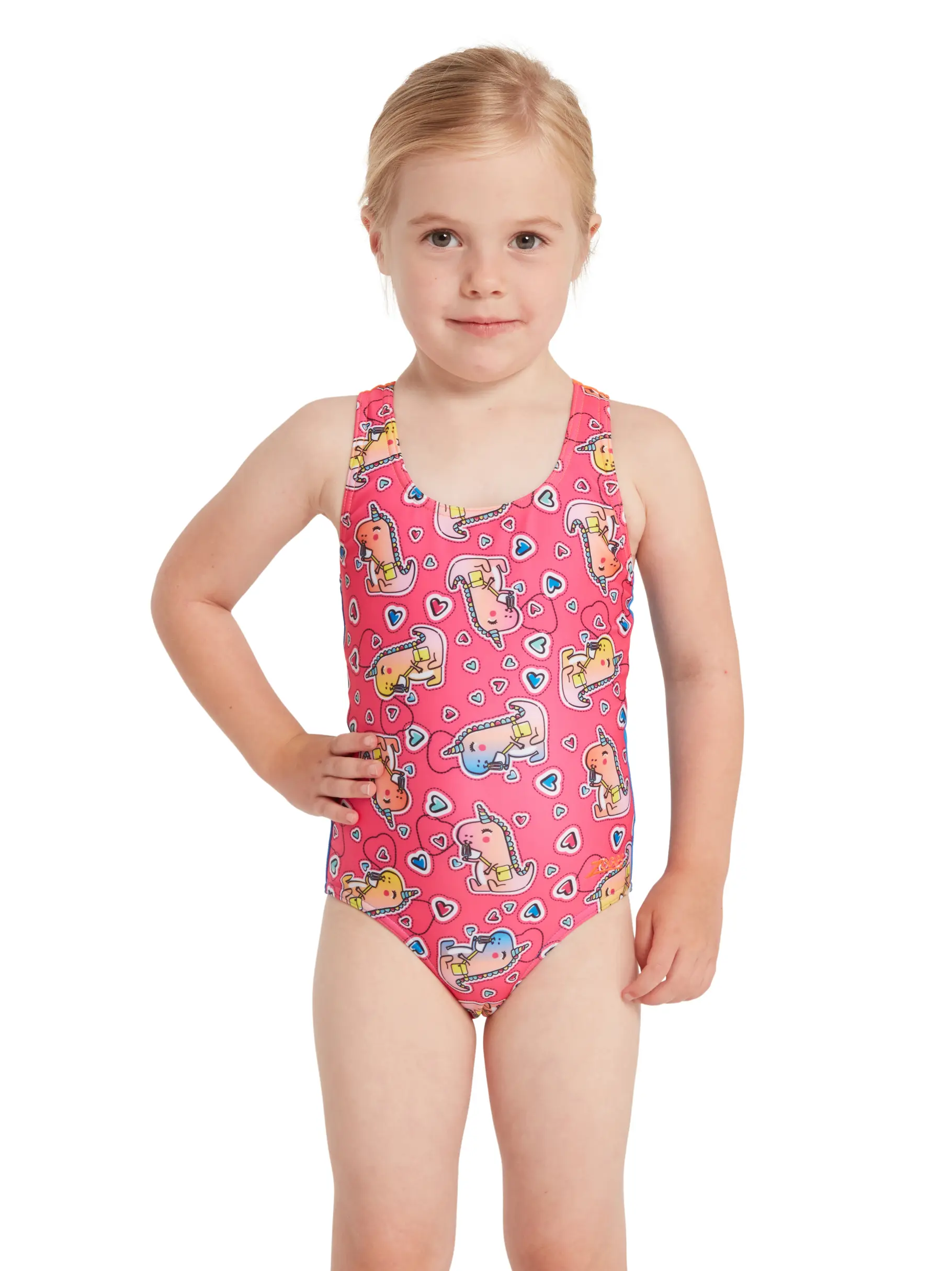 Out of Stock, Ansicht Großes Bild der Vorderseite Product detail - Girls Little Dino Print Actionback One Piece Swimsuit LTDN