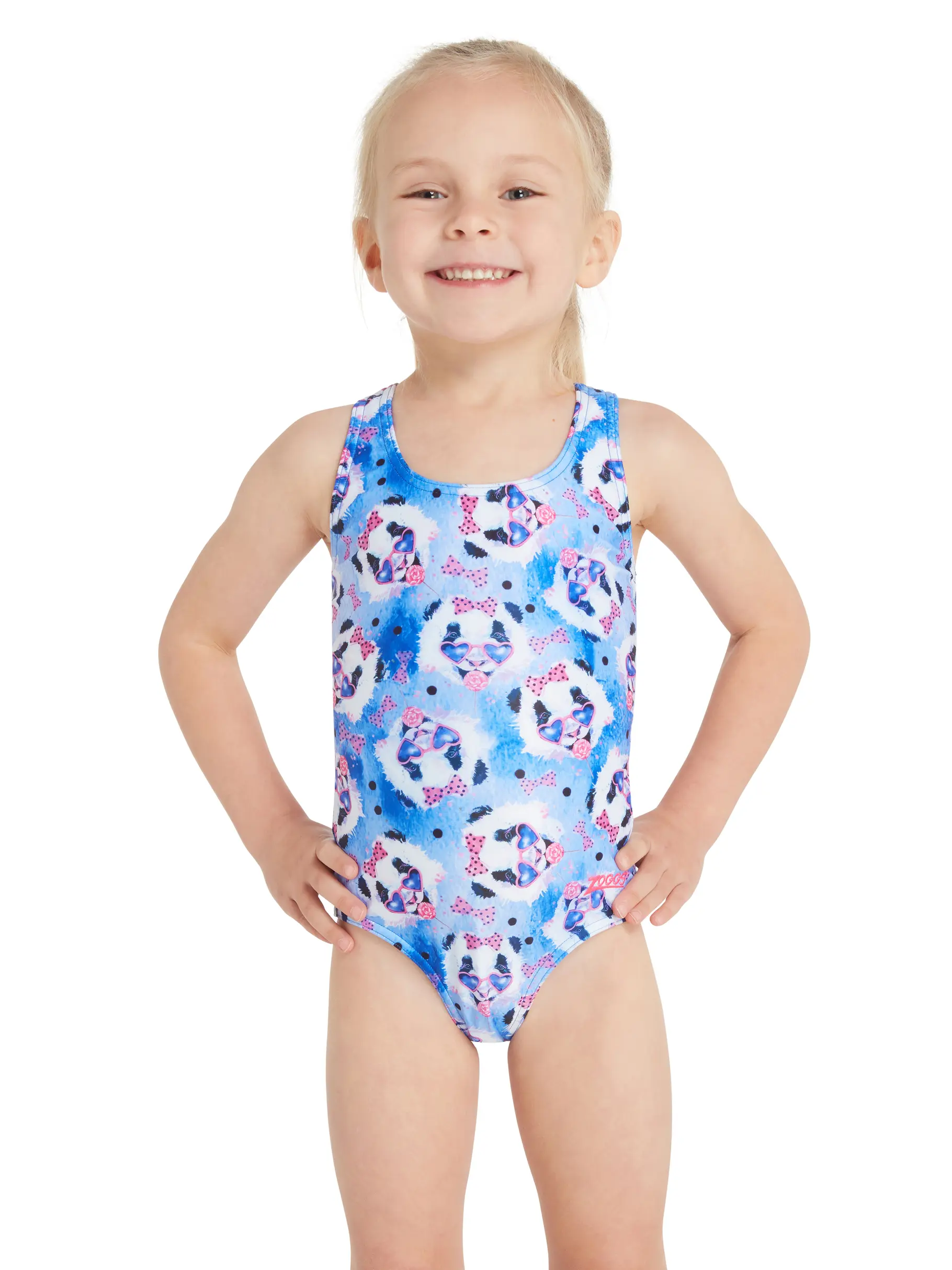 Out of Stock,New, view full size image of Front view of Product detail - Girls Party Panda Print Actionback Swimsuit PAPA