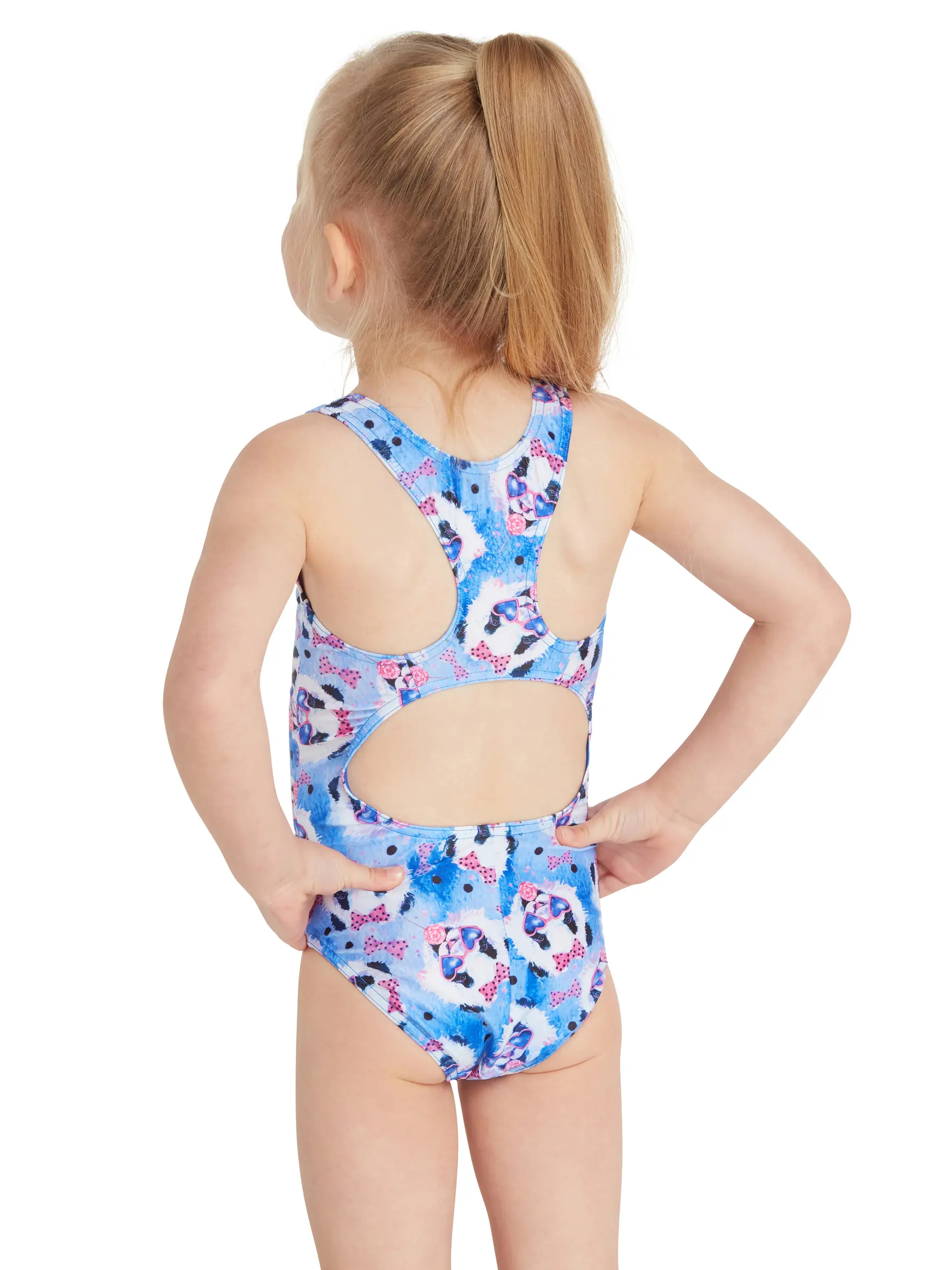 Out of Stock,New, view full size image of Front view of Product detail - Girls Party Panda Print Actionback Swimsuit PAPA