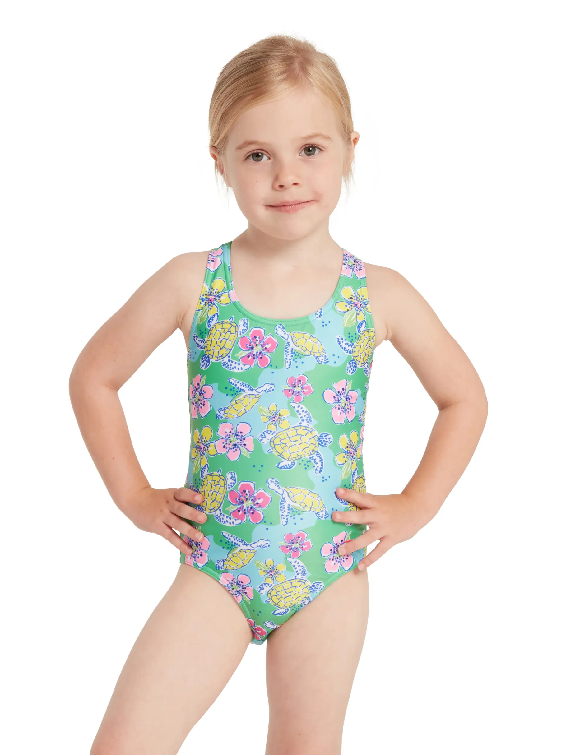 Sale, view full size image of Front view of Product detail - Girls Turtles Print Actionback One Piece Swimsuit TRTL