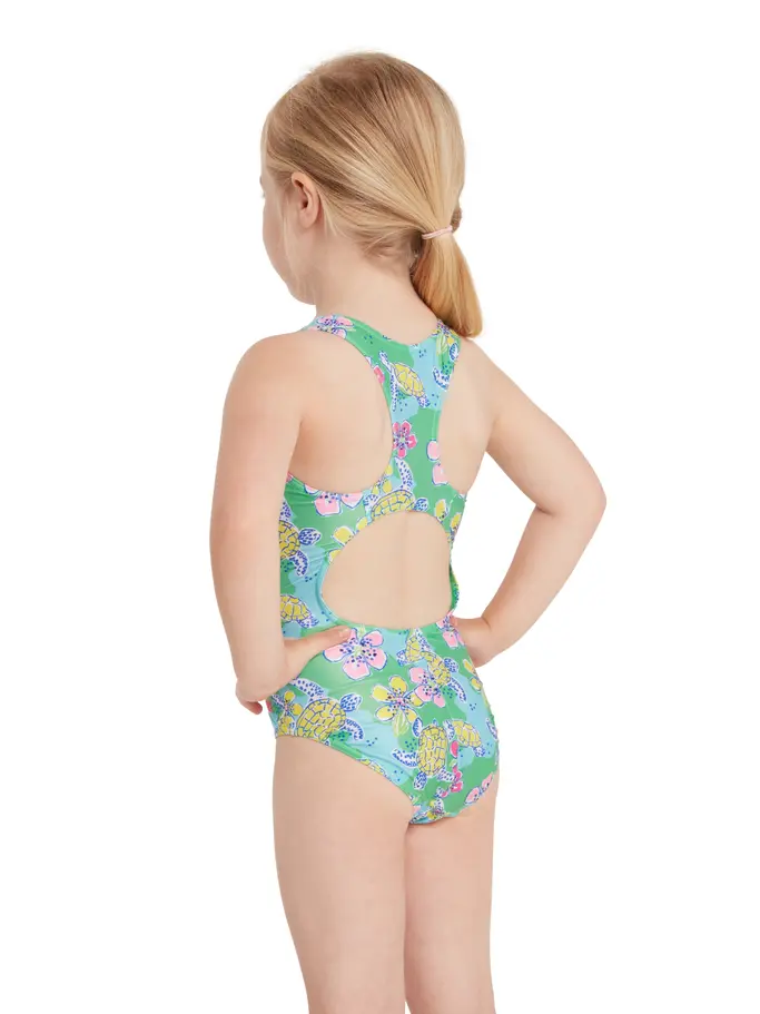Sale, view full size image of Front view of Product detail - Girls Turtles Print Actionback One Piece Swimsuit TRTL