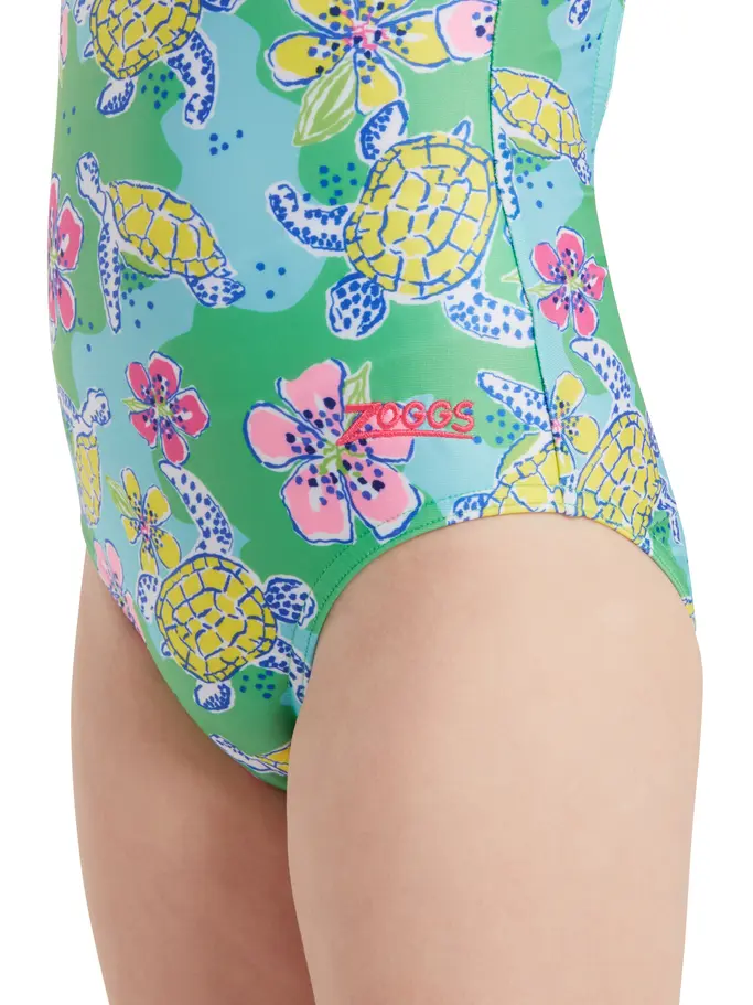 Sale, view full size image of Front view of Product detail - Girls Turtles Print Actionback One Piece Swimsuit TRTL