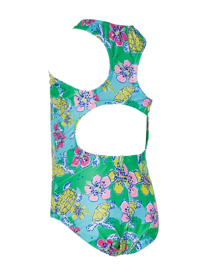 Sale, view full size image of Front view of Product detail - Girls Turtles Print Actionback One Piece Swimsuit TRTL
