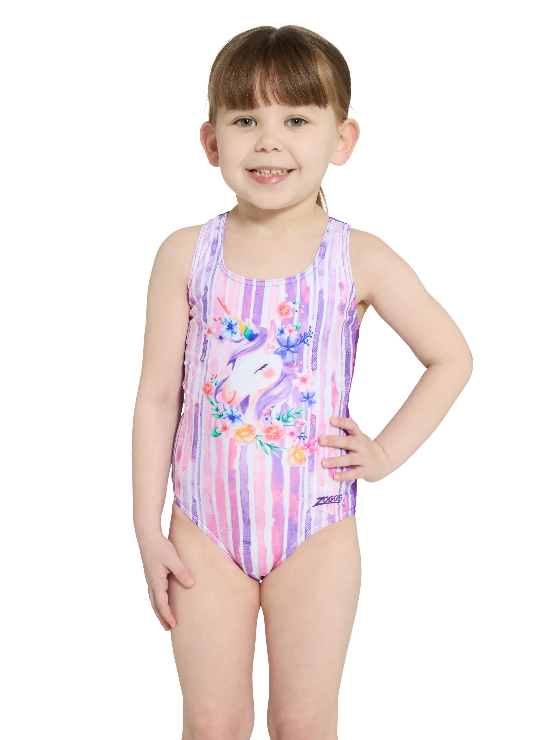 Clearance, view full size image of Front view of Product detail - Girls Unicorn Actionback One Piece Swimsuit UNIC