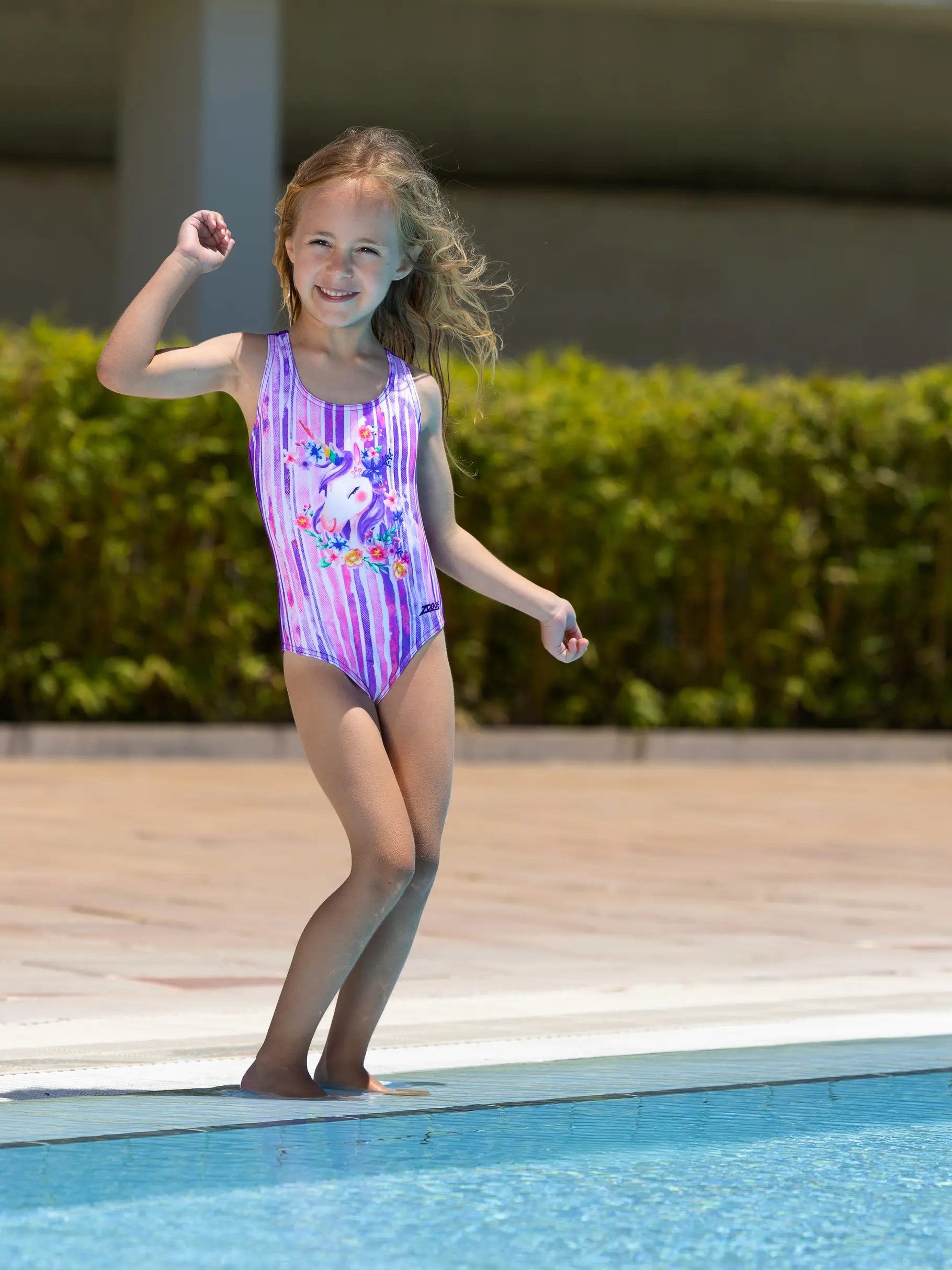 Clearance, view full size image of Front view of Product detail - Girls Unicorn Actionback One Piece Swimsuit UNIC