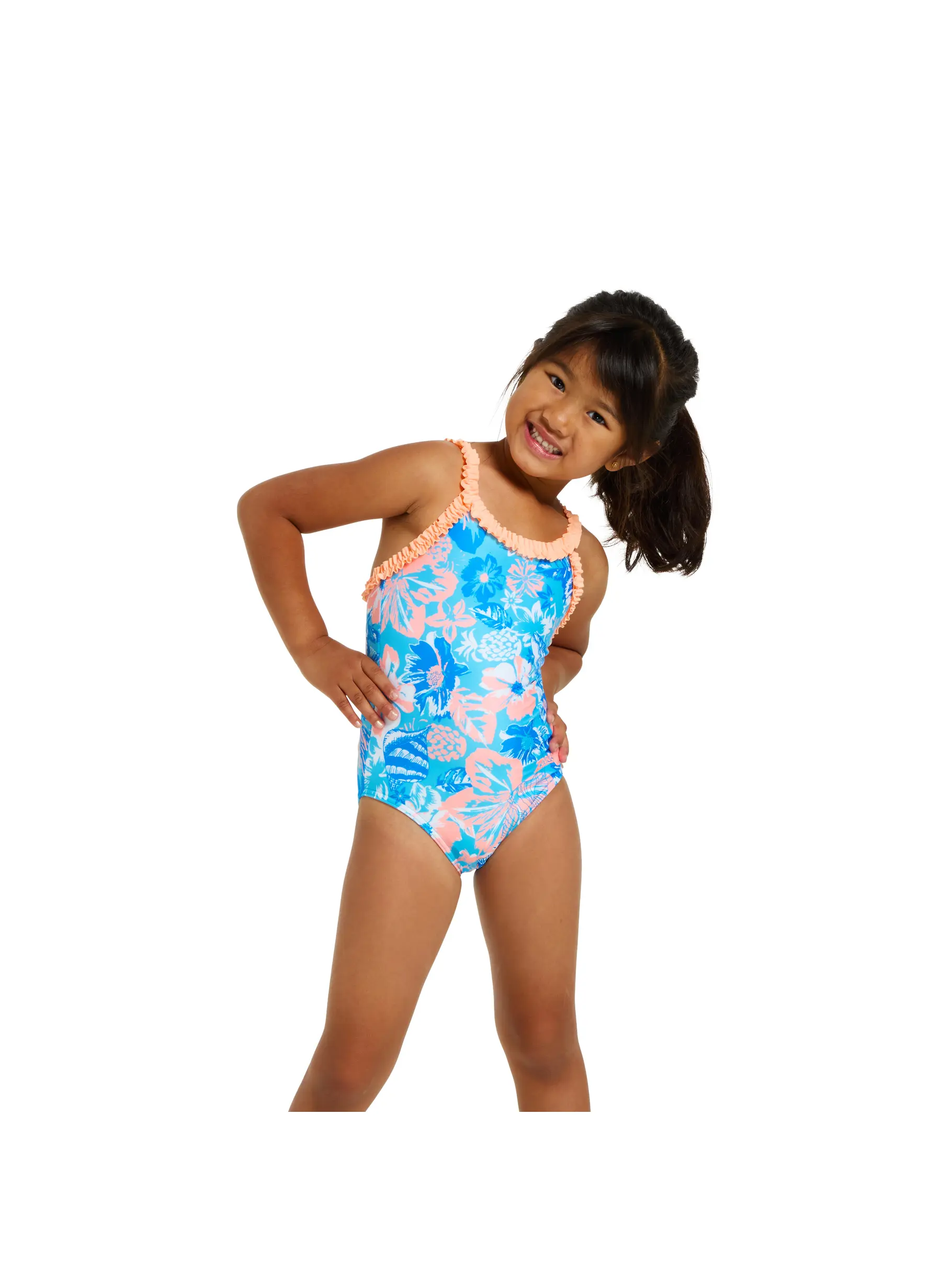 Sale,Clearance, view full size image of Front view of Product detail - Girls Bahia Ruffle Crossback Swimsuit BAHI