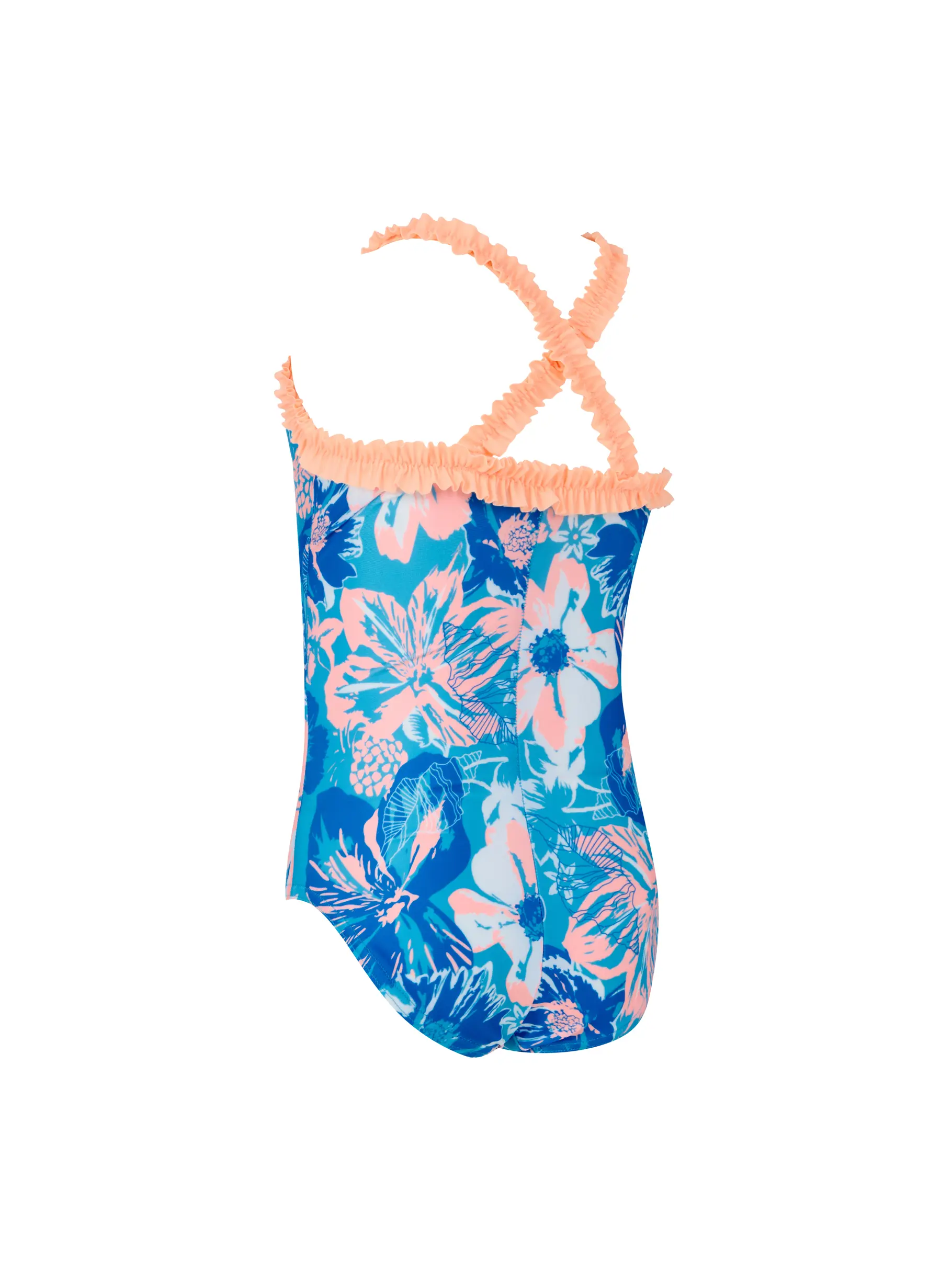 Sale,Clearance, view full size image of Front view of Product detail - Girls Bahia Ruffle Crossback Swimsuit BAHI