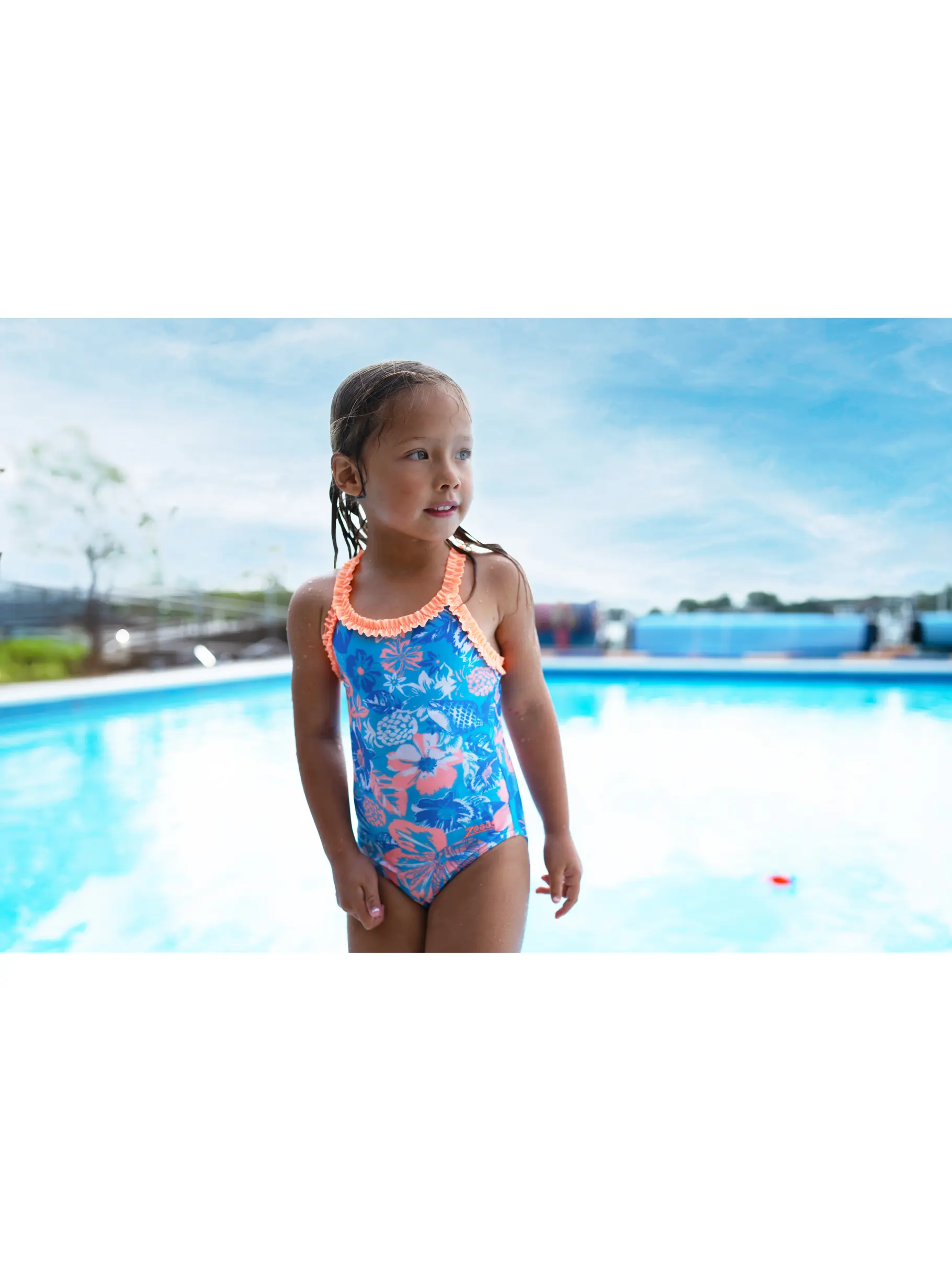 Sale,Clearance, view full size image of Front view of Product detail - Girls Bahia Ruffle Crossback Swimsuit BAHI