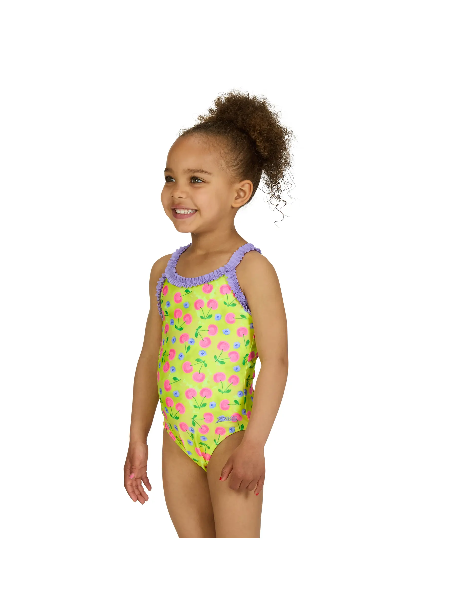 Sale,Clearance, view full size image of Front view of Product detail - Girls Cherries Ruffle Crossback Swimsuit CHER