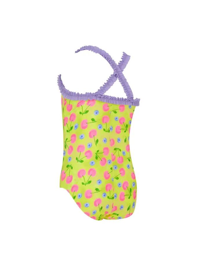 Sale,Clearance, view full size image of Front view of Product detail - Girls Cherries Ruffle Crossback Swimsuit CHER