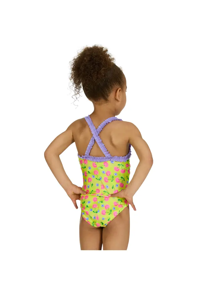 Sale,Clearance, view full size image of Front view of Product detail - Girls Cherries Ruffle Crossback Swimsuit CHER