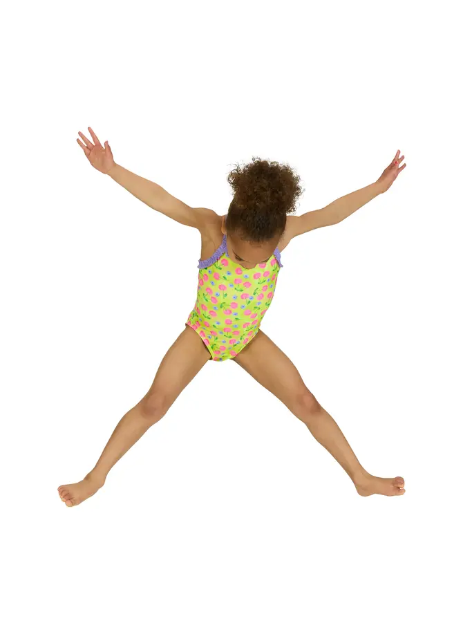 Sale,Clearance, view full size image of Front view of Product detail - Girls Cherries Ruffle Crossback Swimsuit CHER