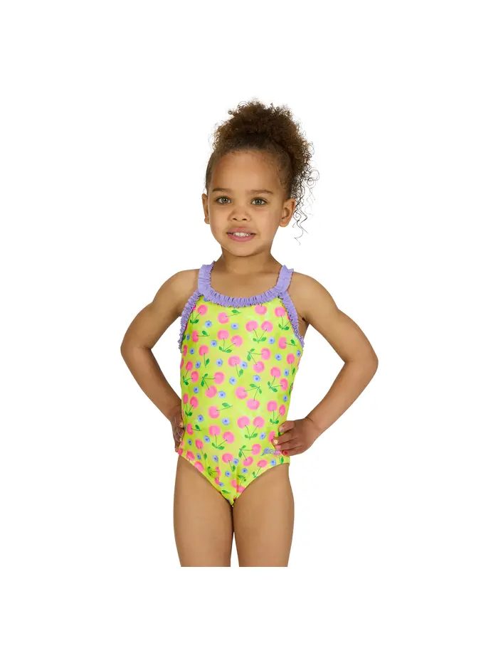 Sale,Clearance, view full size image of Front view of Product detail - Girls Cherries Ruffle Crossback Swimsuit CHER